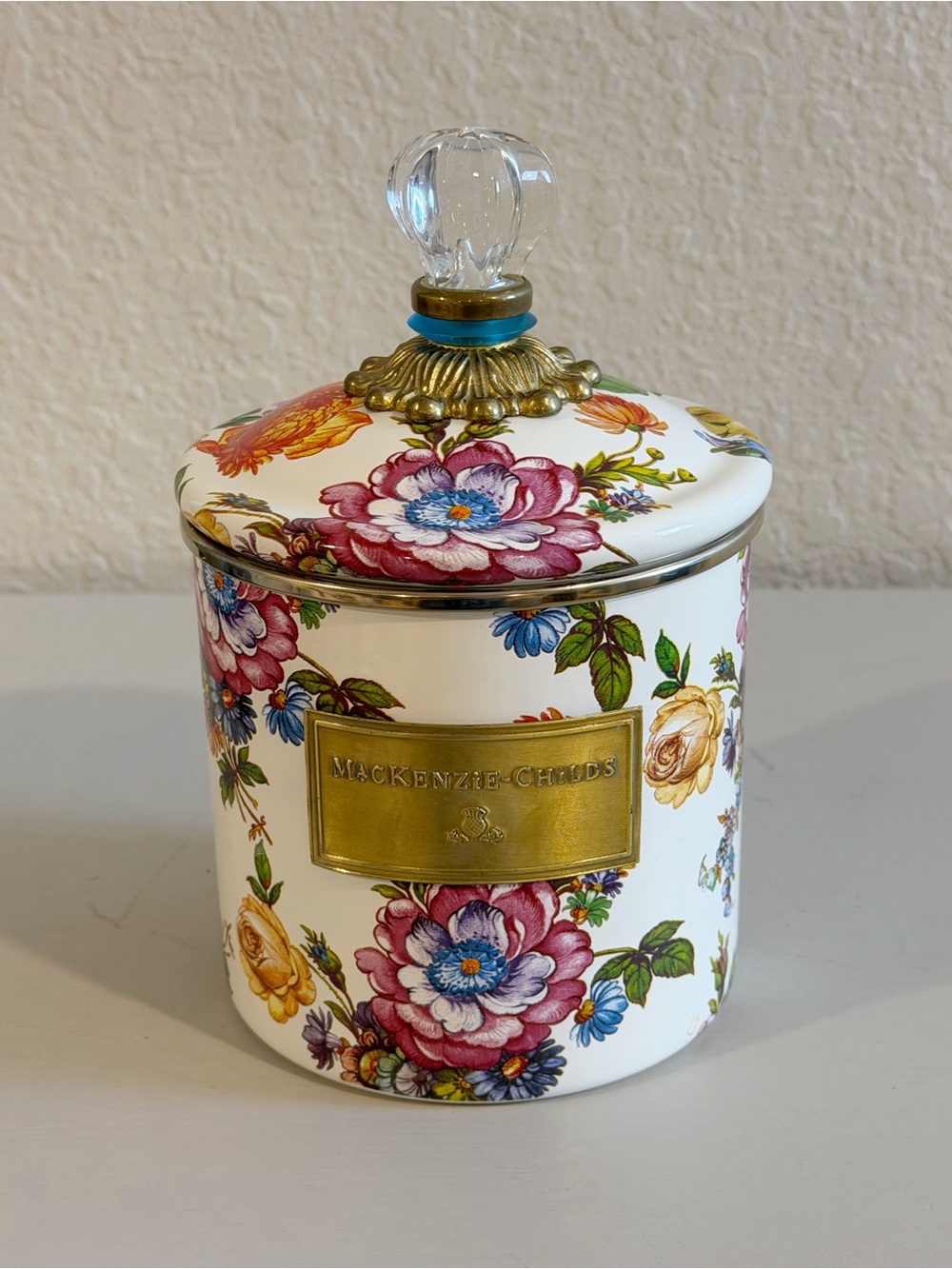 MacKenzie-Childs Small Canister White Floral Market with HTF Blue Ring